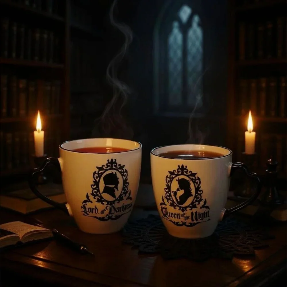 Alchemy Gothic ✦ Queen & Lord Mug Set ✦ Fine Bone China Black & White Feline NWT